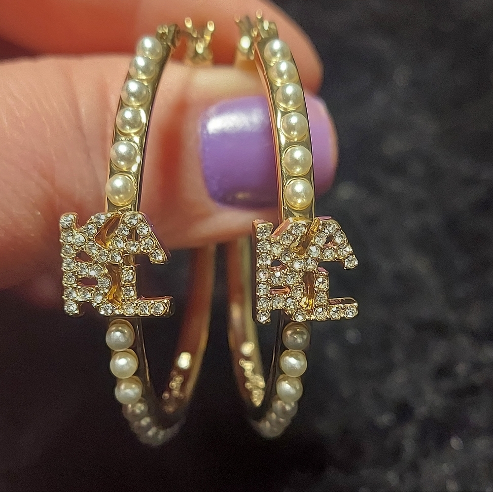 KARL LAGERFELD PARISGold-Tone Imitation Pearl & Crystal Logo Medium Hoop Earrin
